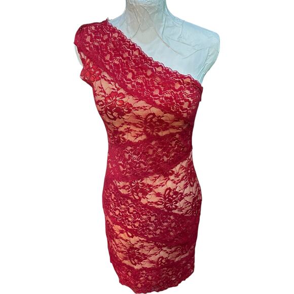 Anthropologie Ark & Co Red Lace One Shoulder Bodycon Mini Dress Coquette SZ M - Picture 1 of 14